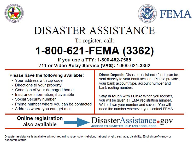 Disaster Assistance - to Register call 1-800-621-3362 - click for PDF with more details
